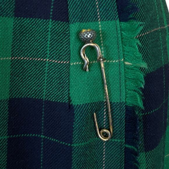 VTG Wool Tartan Kilt Skirt Plaid Wrap Midi Preppy Dark Academia Green Navy 10 - Picture 4 of 10